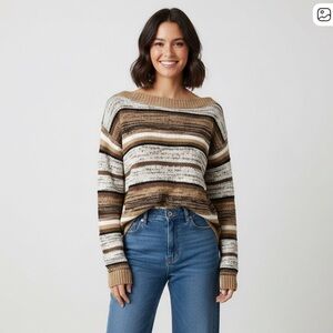 Style & Co Slouchy Metallic Space Dye Striped Knit Sweater M Copper Brown